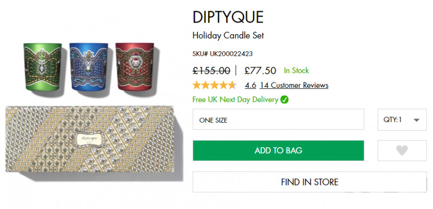 DIPTYQUE 18年圣诞限量蜡烛套组 3*190g ￡77.5（约701元） 